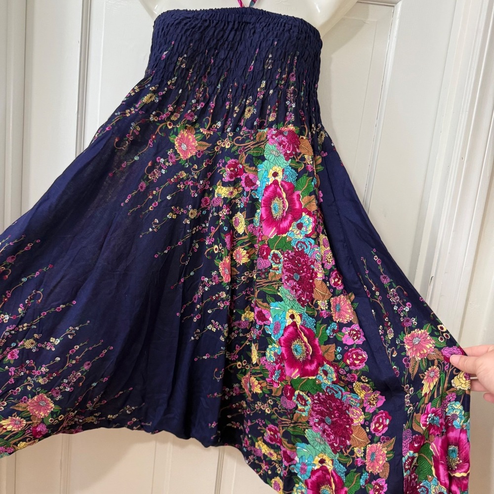 Navy Floral Smocked-Waist Wide Leg Jumpsuit